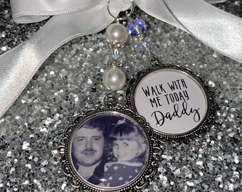 Memory memorial heaven charm bridal bouquet, walk with me today dad daddy mum mom poem & photo pearl beads something blue.bride.wedding