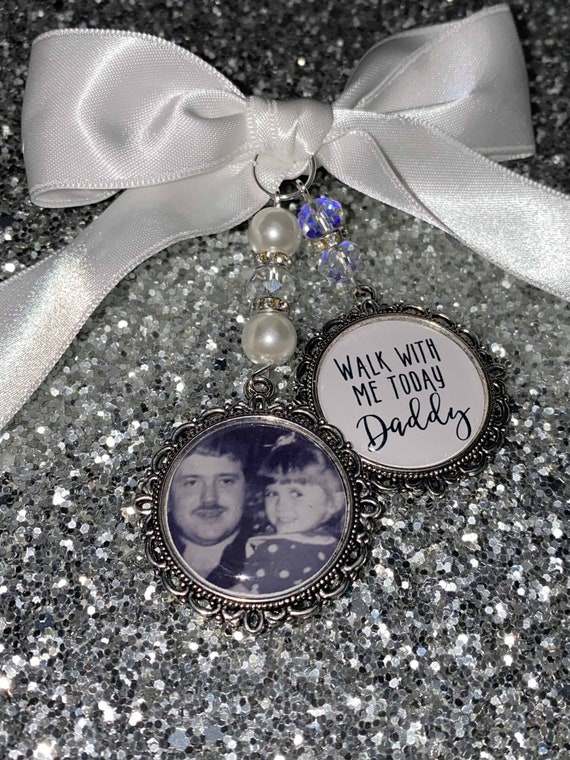 Memory memorial heaven charm bridal bouquet, walk with me today dad daddy mum mom poem & photo pearl beads something blue.bride.wedding