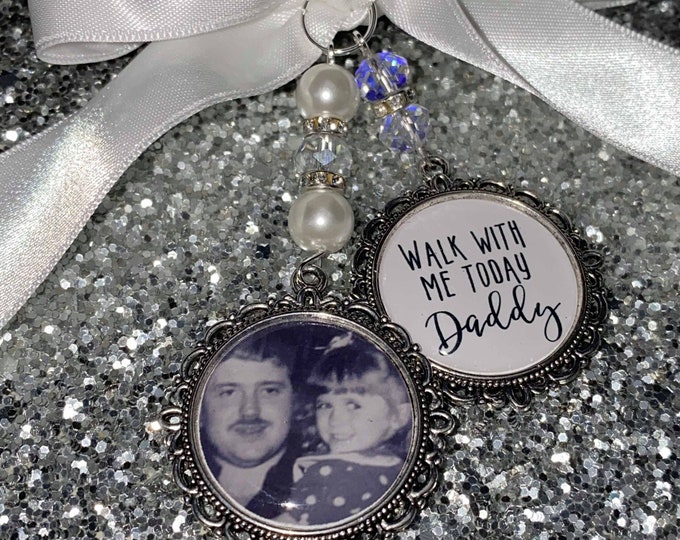 Memory memorial heaven charm bridal bouquet, walk with me today dad daddy mum mom poem & photo pearl beads something blue.bride.wedding