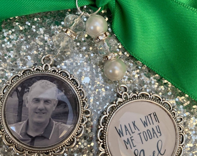 Memory Memorial Heaven Charm/Bridal Bouquet/Walk With Me Today/Dad/Mum/Mom/Best Friend/Poem & Photo/Pearl beads/Something Blue/Bride/Wedding
