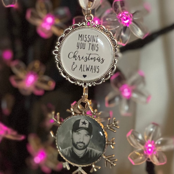 Adorno navideño conmemorativo personalizado: Bola con foto, diseño de copo de nieve