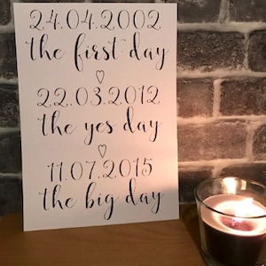 Bruiloft verjaardag print/teken/gepersonaliseerd/de eerste dag/A4 dikke kaart/papier kunst/1e eerste verjaardag kaart/Happy Anniversary Gift/
