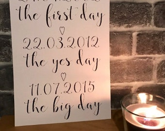 Wedding Anniversary Print/Sign/Personalised/The First Day/A4 Thick Card/Paper Art/1st First Anniversary Card/Happy Anniversary Gift/