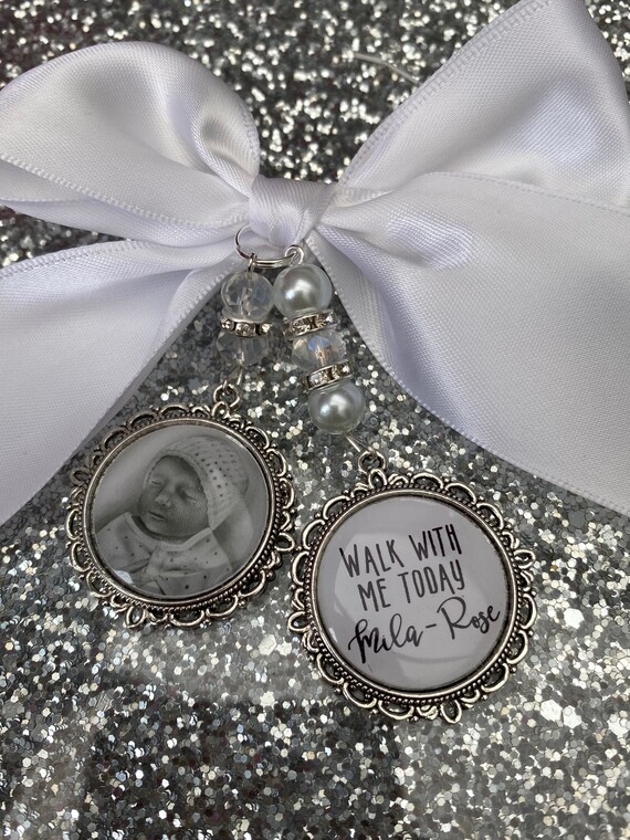 Memory memorial heaven charm bridal bouquet, walk with me today dad mum poem & photo pearl beads something blue.Swarovski.bride.wedding