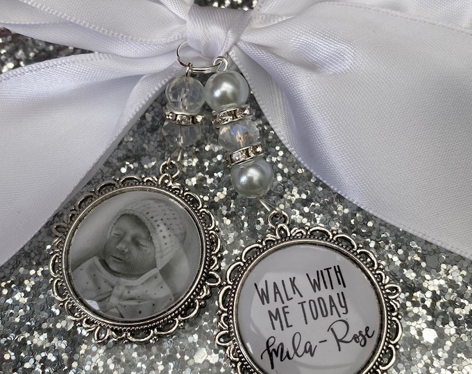 Memory memorial heaven charm bridal bouquet, walk with me today dad mum poem & photo pearl beads something blue.Swarovski.bride.wedding
