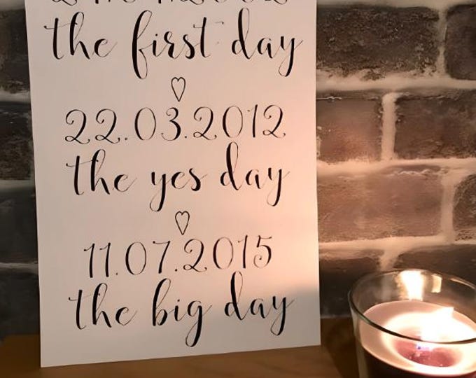 Wedding Anniversary Print/Sign/Personalised/The First Day/A4 Thick Card/Paper Art/1st First Anniversary Card/Happy Anniversary Gift/