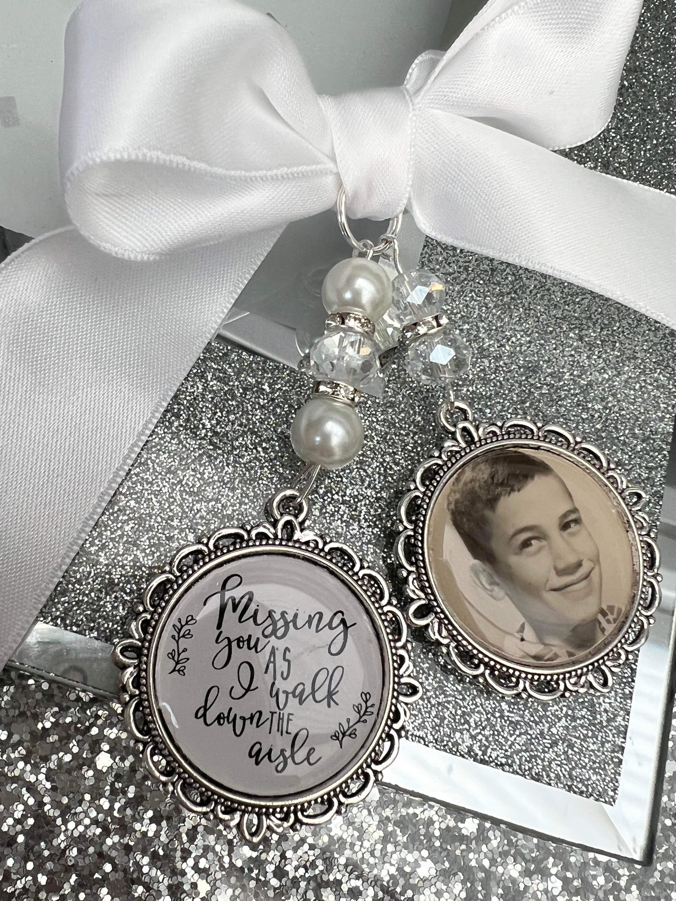 Memory Wedding Bouquet Charm Missing You As I Walk Down Aisle Jewelry for  Bride in Remembrance Vintage Bronze White Glass Pendant White Bead 1 Photo  Picture Fra…
