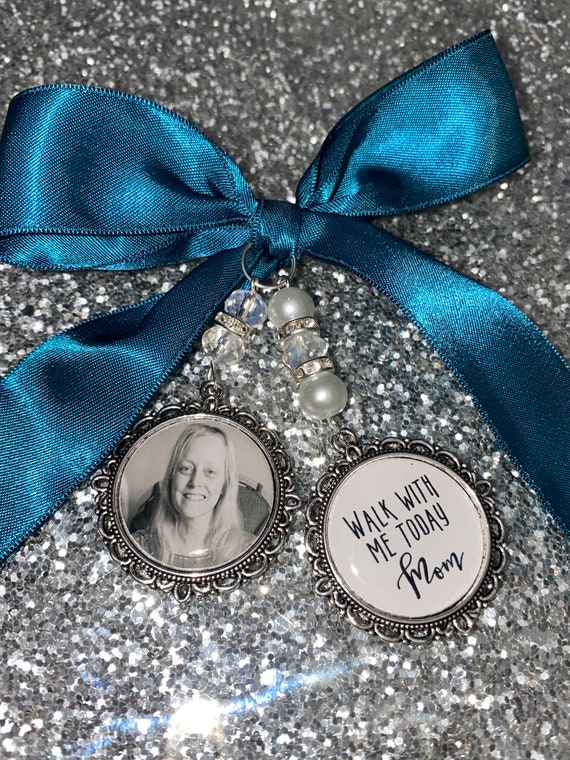 Memory memorial heaven charm bridal bouquet, walk with me today dad mum poem & photo pearl beads something blue.Swarovski.bride.wedding
