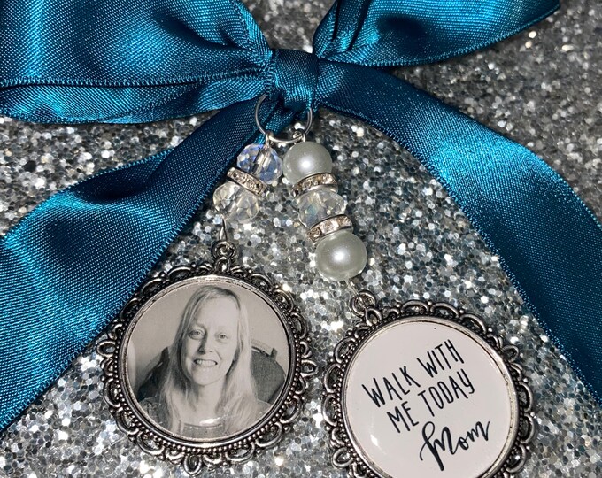Memory memorial heaven charm bridal bouquet, walk with me today dad mum poem & photo pearl beads something blue.Swarovski.bride.wedding