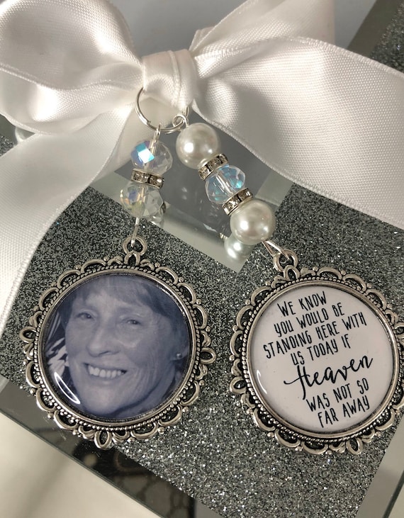 Memory personalised photo heaven charm bouquet heaven was not so far away poem and photo pearl beads something blue.wedding.bride.