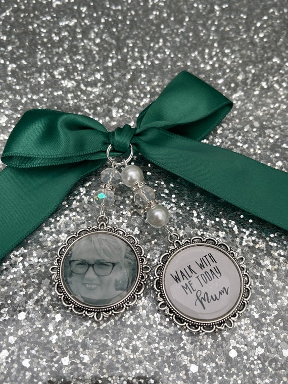 Memory memorial heaven charm bridal bouquet, walk with me today dad mum poem & photo pearl beads something blue.Swarovski.bride.wedding