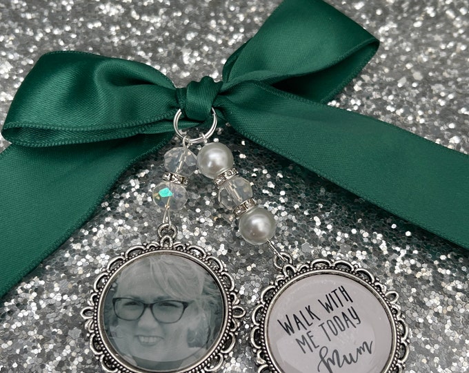 Memory memorial heaven charm bridal bouquet, walk with me today dad mum poem & photo pearl beads something blue.Swarovski.bride.wedding