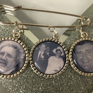 wedding Memorial Memory triple photo charm groom kilt pin bouquet charm personalised wedding boutonnière kilt pin lapel boutonniere. bride