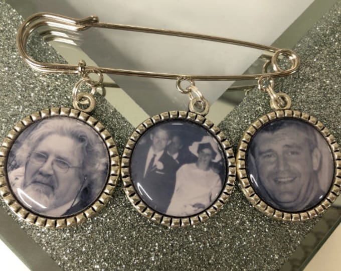 wedding Memorial Memory triple photo charm groom kilt pin bouquet charm personalised wedding boutonnière kilt pin lapel boutonniere. bride