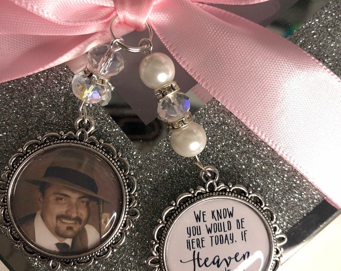 We know you would be here if heaven weren't so far away/Loving memory memorial charm locket brooch/Personalised with any photo/bride/wedding