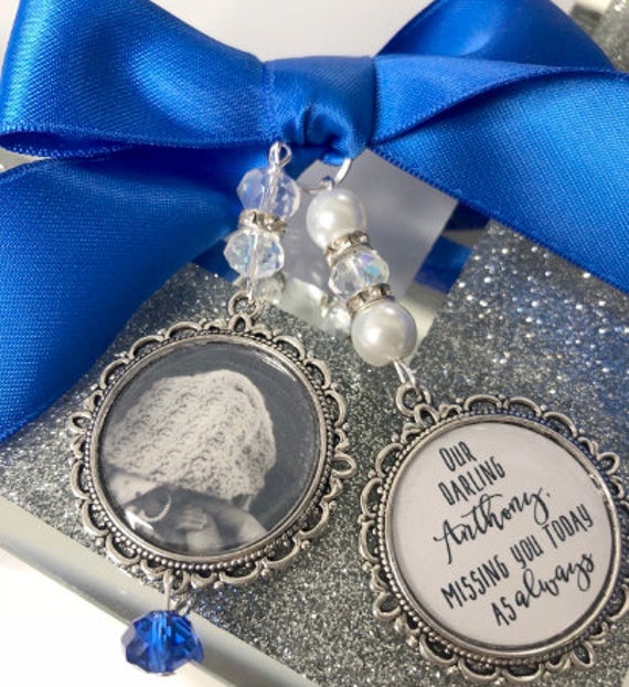 Personalised any name Memory memorial bouquet charm our darling missing you today as always & photo blue pearl beads brooch still born baby