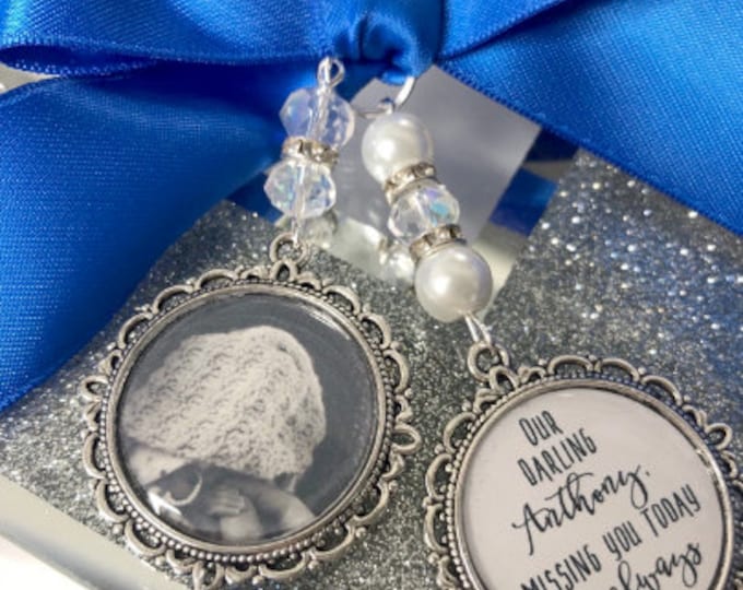 Personalised any name Memory memorial bouquet charm our darling missing you today as always & photo blue pearl beads brooch still born baby
