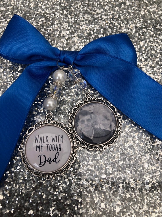 Walk with me today dad loving wedding photo memory charm locket brooch. Personalised,bride.memorial ,bouquet gift for her something blue