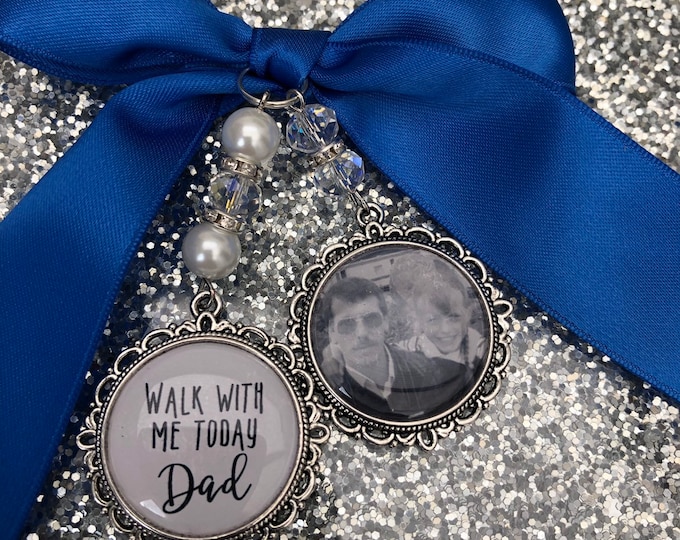 Walk with me today dad loving wedding photo memory charm locket brooch. Personalised,bride.memorial ,bouquet gift for her something blue