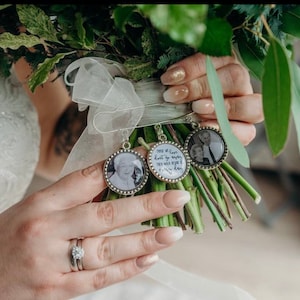 Custom Photo Lapel Pin with 3 Charms - Memorial Boutonniere - Personalized Groom In Memory Picture Bouquet Charm- Those we love dont go away