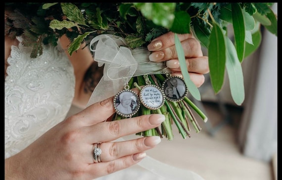 Custom Photo Lapel Pin with 3 Charms - Memorial Boutonniere - Personalized Groom In Memory Picture Bouquet Charm- Those we love dont go away