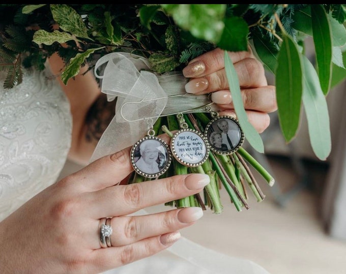 Custom Photo Lapel Pin with 3 Charms - Memorial Boutonniere - Personalized Groom In Memory Picture Bouquet Charm- Those we love dont go away