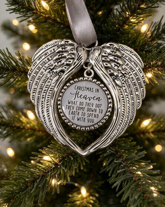 Memorial Christmas Tree Ornament, Silver Angel Wings, Remembrance Bauble, Christmas In Heaven