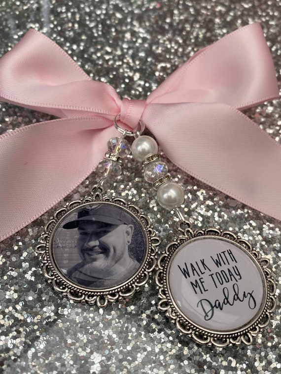 Memory memorial heaven charm bridal bouquet, walk with me today dad daddy mum mom poem & photo pearl beads something blue.bride.wedding