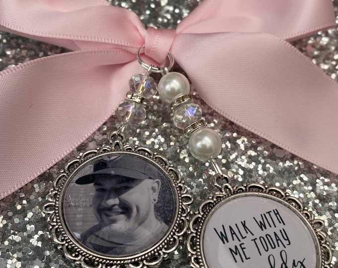 Memory memorial heaven charm bridal bouquet, walk with me today dad daddy mum mom poem & photo pearl beads something blue.bride.wedding