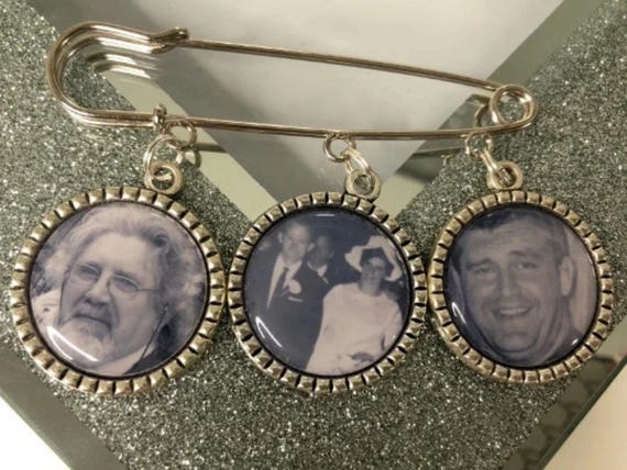wedding Memorial Memory triple wedding photo charm groom kilt pin bouquet charm personalised boutonniere lapel. bride gift for him her