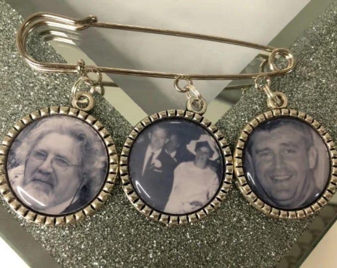 wedding Memorial Memory triple wedding photo charm groom kilt pin bouquet charm personalised boutonniere lapel. bride gift for him her