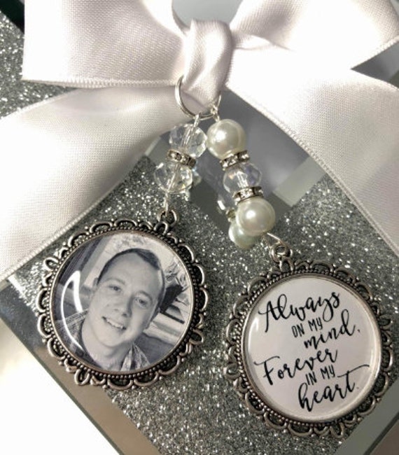 Always on my mind forever in my heart, bouquet memory memorial charm photo & poem with Swarovski crystal beads and ribbon bow