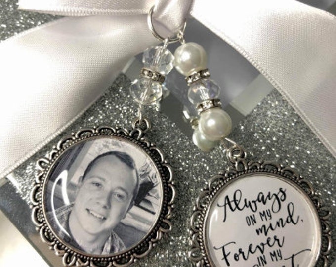 Always on my mind forever in my heart, bouquet memory memorial charm photo & poem with Swarovski crystal beads and ribbon bow