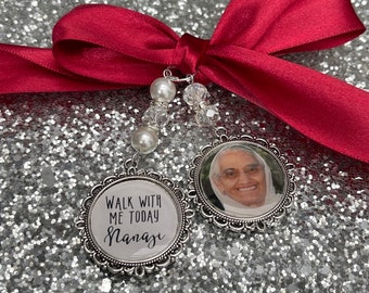 Memory memorial heaven charm bridal bouquet, walk with me today dad mum poem & photo pearl beads something blue.Swarovski.bride.wedding