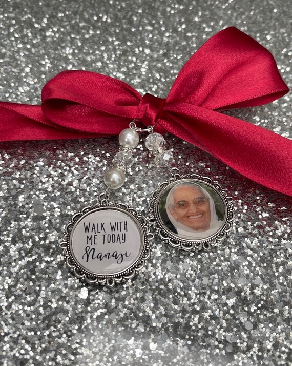 Memory memorial heaven charm bridal bouquet, walk with me today dad mum poem & photo pearl beads something blue.Swarovski.bride.wedding