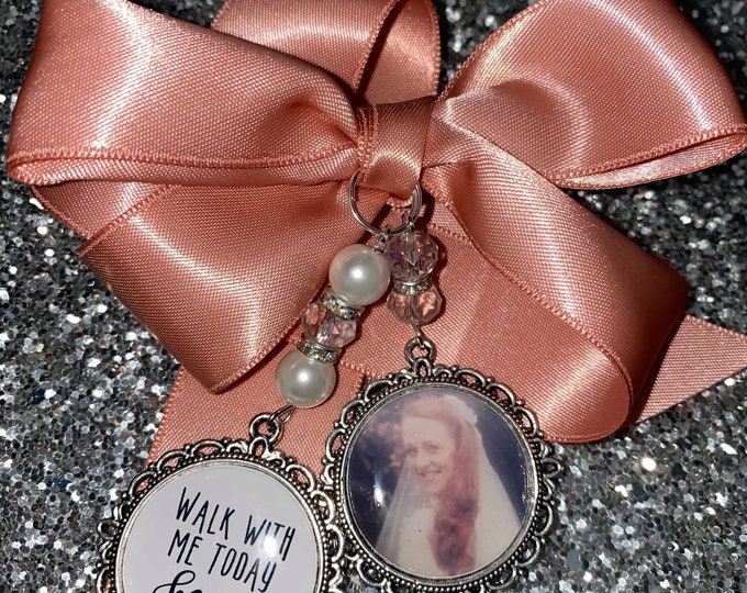 Memory memorial heaven charm bridal bouquet, walk with me today dad mum mom poem & photo pearl beads something blue.Swarovski.bride.wedding