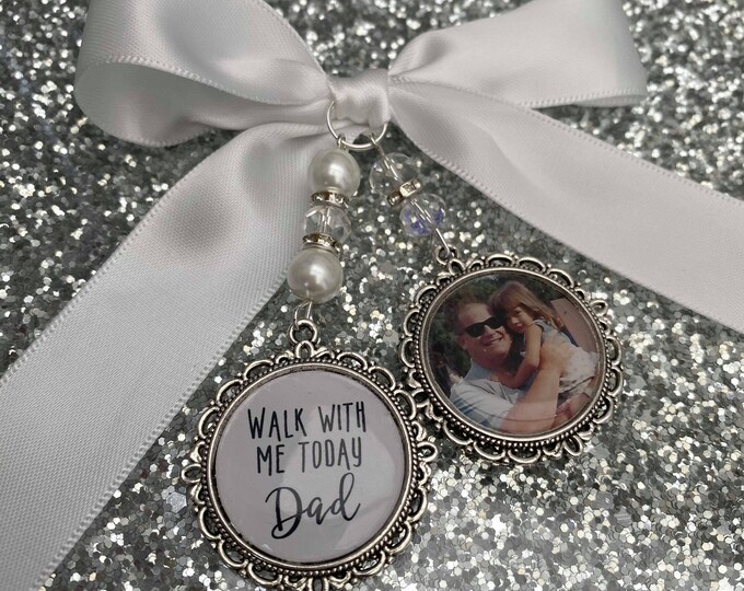 Memory memorial heaven charm bridal bouquet, walk with me today dad daddy mum mom poem & photo pearl beads something blue.bride.wedding