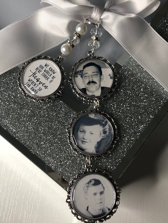Memory memorial remembrance heaven charm bridal bouquet heaven so far away,poem & photo pearl beads something blue. military army,keepsake
