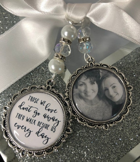 Those we love dont go away they walk beside us every day.wedding photo charm loving memory locket brooch.Personalised.bride gift for her