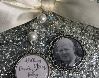 Walking beside you today Dad loving memory charm locket brooch.Personalised with any photo.Ideal for wedding,bride.memorial keeps