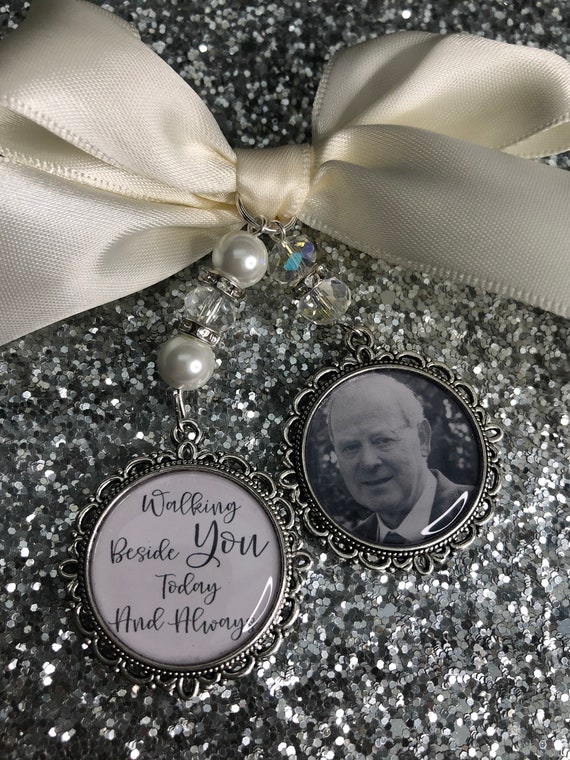 Walking beside you today Dad loving memory charm locket brooch.Personalised with any photo.Ideal for wedding,bride.memorial keeps