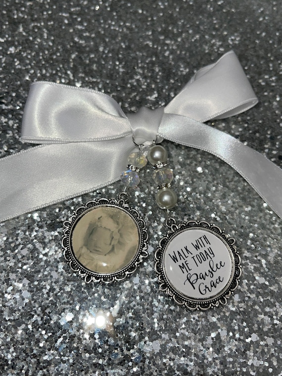 Memory memorial heaven charm bridal bouquet, walk with me today dad mum poem & photo pearl beads something blue.Swarovski.bride.wedding