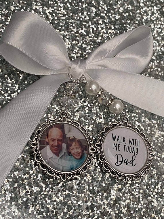 Memory memorial heaven charm bridal bouquet, walk with me today dad daddy mum mom poem & photo pearl beads something blue.bride.wedding
