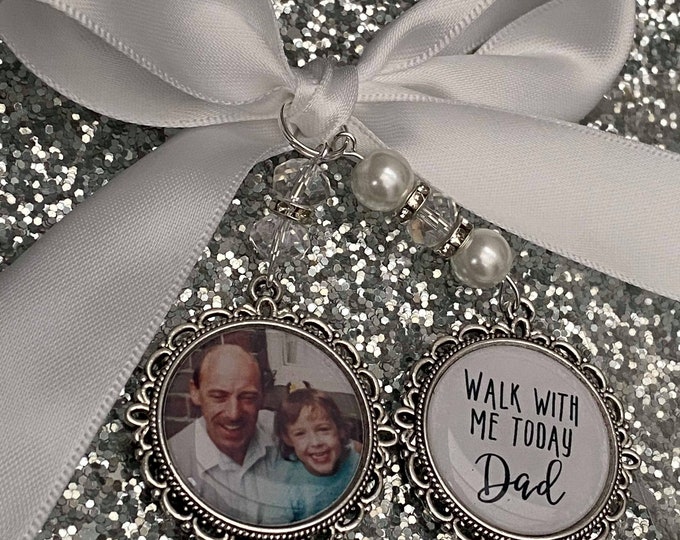 Memory memorial heaven charm bridal bouquet, walk with me today dad daddy mum mom poem & photo pearl beads something blue.bride.wedding