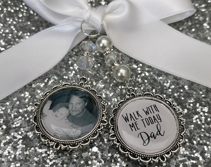 Memory memorial heaven charm bridal bouquet, walk with me today dad mum poem & photo pearl beads something blue.Swarovski.bride.wedding