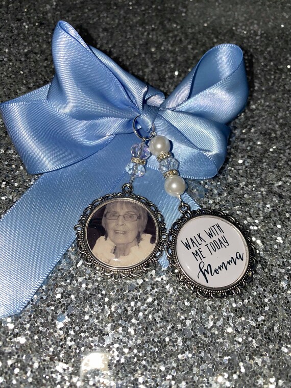 Memory Memorial Heaven Charm/Bridal Bouquet/Walk With Me Today/Dad/Mum/Mom/Momma/Poem & Photo/Pearl beads/Something Blue/Bride/Wedding