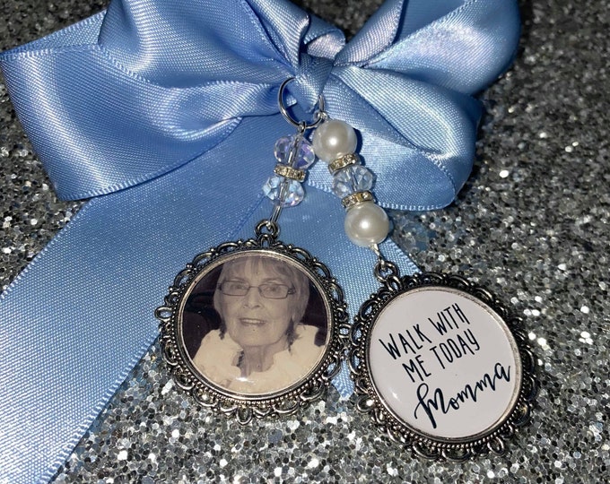 Memory Memorial Heaven Charm/Bridal Bouquet/Walk With Me Today/Dad/Mum/Mom/Momma/Poem & Photo/Pearl beads/Something Blue/Bride/Wedding