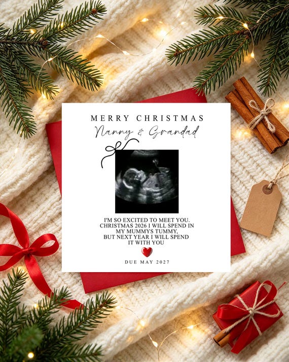 Baby Reveal Christmas Card For Grandparents/Pregnancy Announcement Card/Nanny & Grandad Baby Reveal/Personalised Xmas/Due Date Card