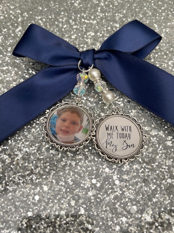 Memory memorial heaven charm bridal bouquet, walk with me today dad mum poem & photo pearl beads something blue.Swarovski.bride.wedding