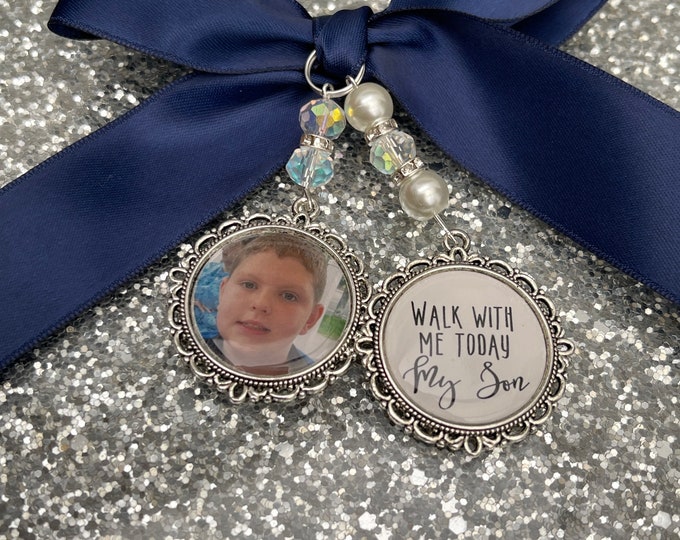Memory memorial heaven charm bridal bouquet, walk with me today dad mum poem & photo pearl beads something blue.Swarovski.bride.wedding